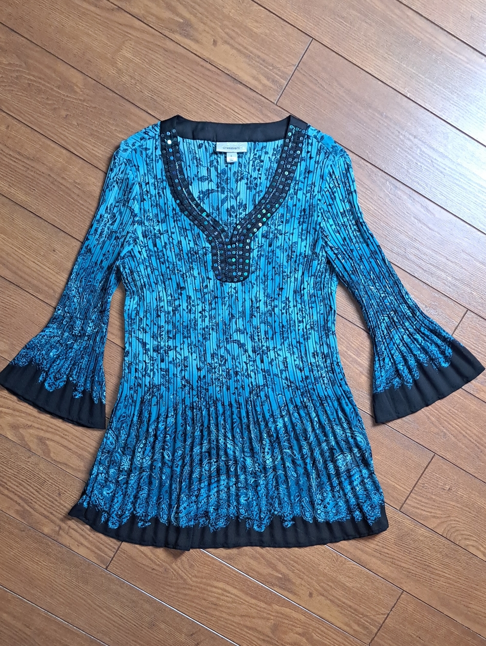 Dressbarn Blue Pleated Whimsigoth Beaded Tunic Top S NWOT